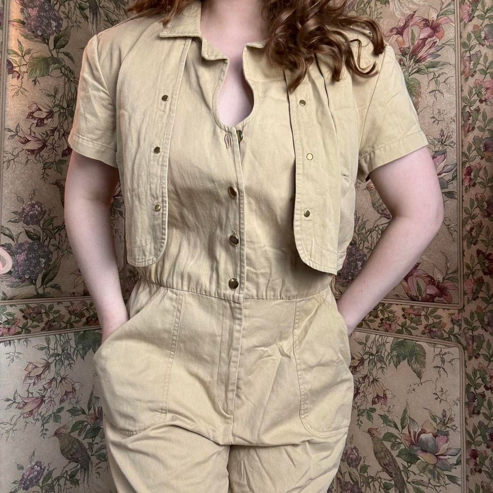 Tan Utility Romper with Attached Coverup Beige Button Front 90s Vibe Romper
